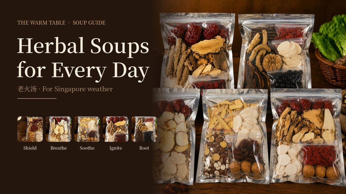 The Warm Table's five Chinese herbal soup packs with red dates, Chinese yam, cordyceps flower, wolfberries and black beans