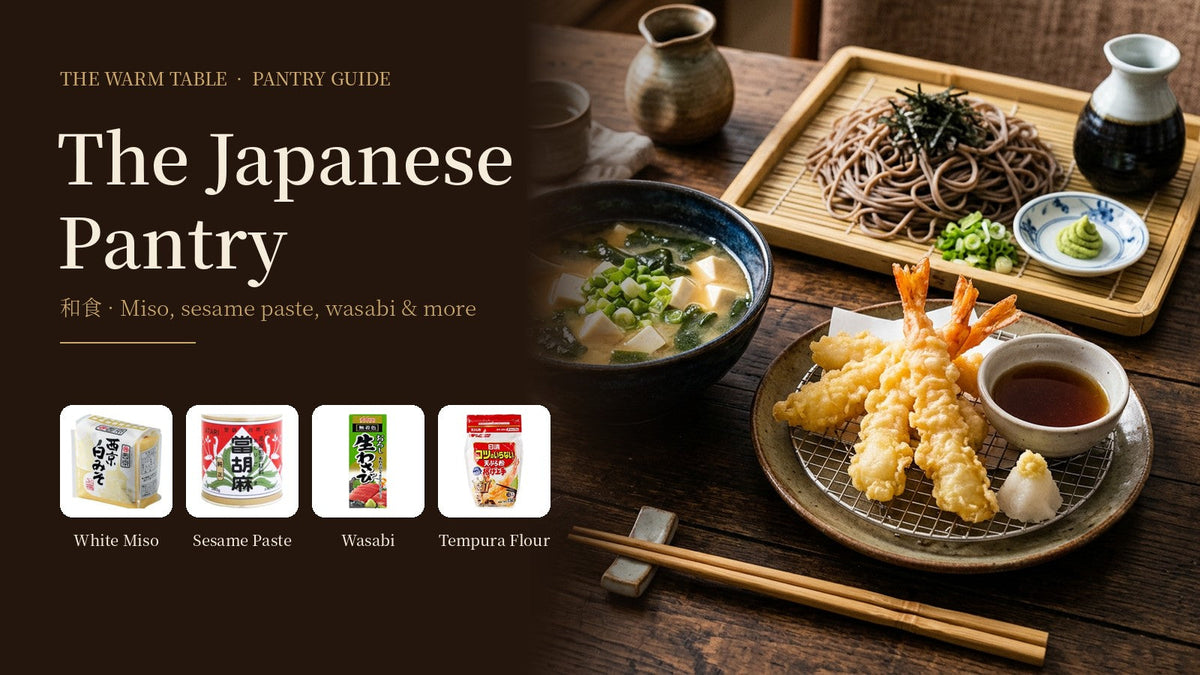 Japanese home dinner with miso soup, prawn tempura and cold soba, with white miso, sesame paste, wasabi and tempura flour from The Warm Table